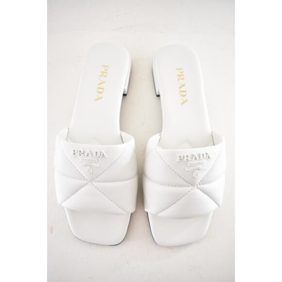 Prada White 55mm Quilted Nappa Leather Logo Slide Sandal Flat Sabots Mule 39.5 - Picture 13 of 16